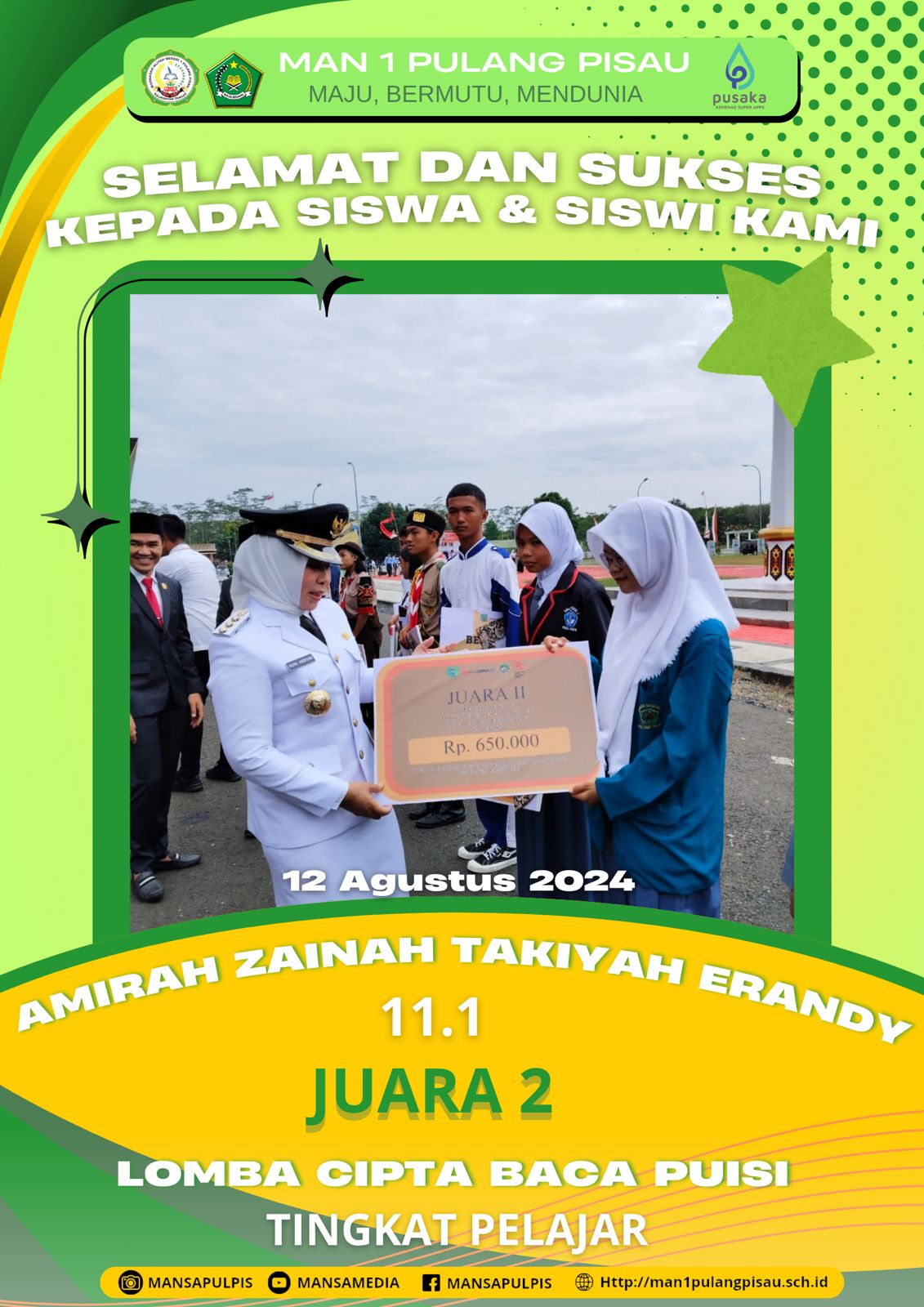 Amirah Zaina Takiyah Erandy Berhasil Meraih Juara 2 Cipta Baca Puisi